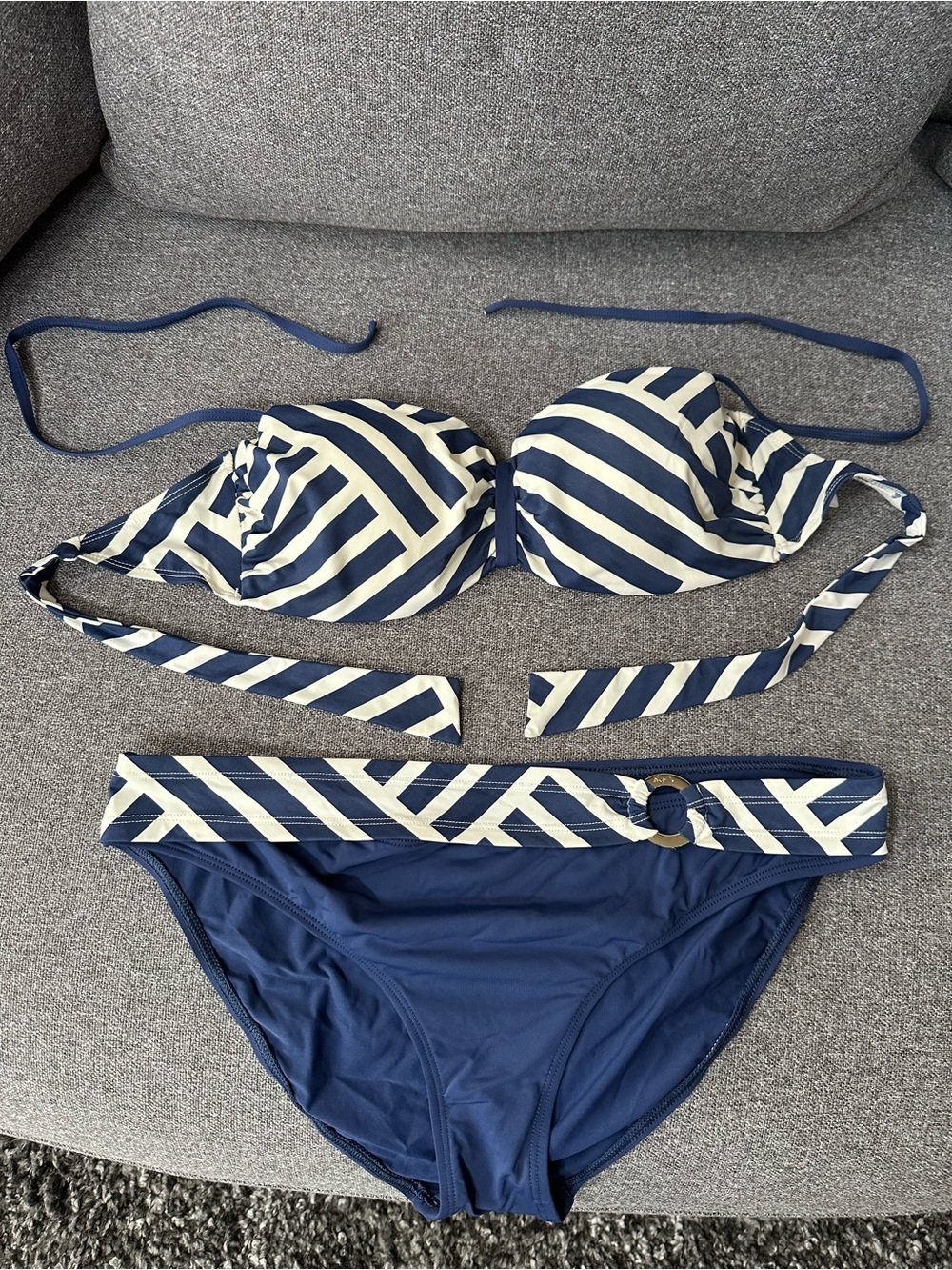 Skye Swimwear Navy and White Striped Bandeau Bikini Top SM Bottom see photos